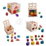 8447 *CUBO de Ensarte Geométrico de Madera* (12.5×12.5 cm.) +12 Figuras
