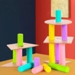 2344 *Jenga Cilíndrico Infantil* (18×12 cm.) 5 Bases Geométricas +15 Cilindros de Madera.