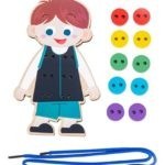 8574 *Montessori Early Education Wear Buttons* (11×18×1.5 cm.) 12 Pcs. 1Niño d/Madera+10 Botones+1Cordón.