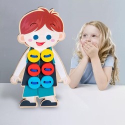 8574 *Montessori Early Education Wear Buttons* (11×18×1.5 cm.) 12 Pcs. 1Niño d/Madera+10 Botones+1Cordón.