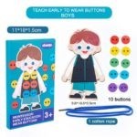 8574 *Montessori Early Education Wear Buttons* (11×18×1.5 cm.) 12 Pcs. 1Niño d/Madera+10 Botones+1Cordón.