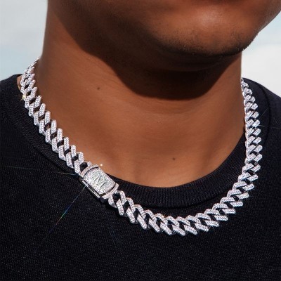 Helloice 12mm 20" Cadena Cubana de Oro Blanco con Pedrería y Letra de la Inicial