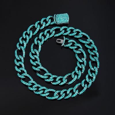 Helloice Cadena Figaro helada con esmeralda color menta de 13 mm en oro negro
