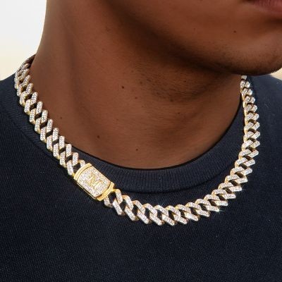 Helloice 12mm 20" Cadena Cubana con Dije de Diamantes con Letra Inicial en Oro