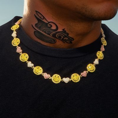 Helloice Cadena de eslabones de corazón y cara sonriente de 20'' en oro