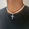 Helloice Collar con colgante de cruz de perlas de 8 mm