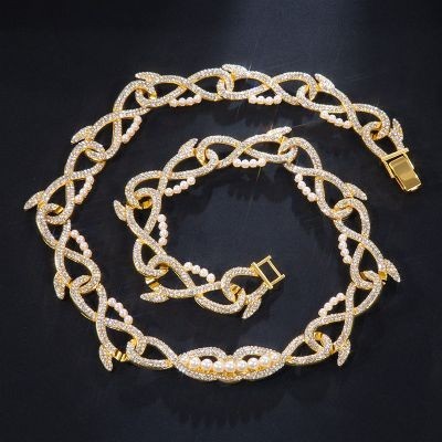 Helloice Cadena de eslabones de perlas y espinas de 18 mm y 20'' Iced en oro