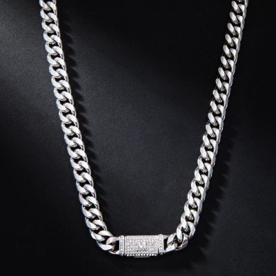Helloice 10mm 20" Cadena Cubana de Acero Inoxidable con Letra Inicial Diamante bañada en Oro Blanco de 18K