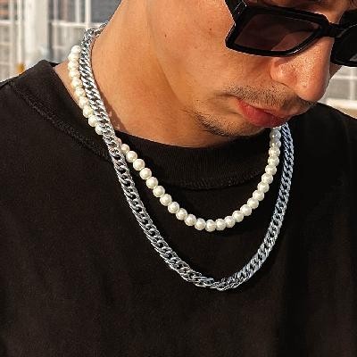 Helloice Collar de cadena cubana y doble capa de perlas