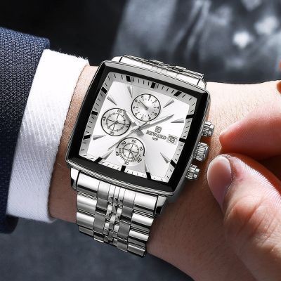 Helloice Reloj cuadrado para hombre con correa de acero y calendario luminoso resistente al agua