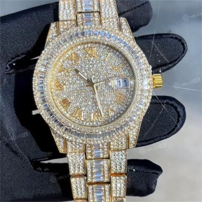 Helloice Reloj de Números Romanos de Oro con Diamantes de Corte Baguette para Hombre