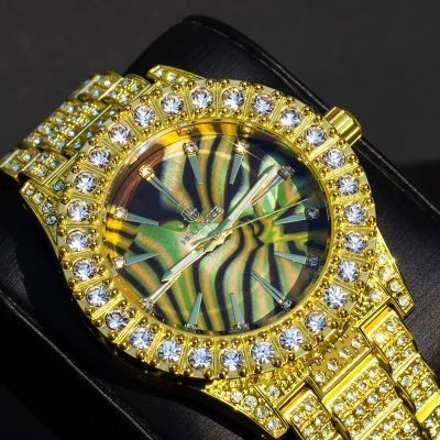 Helloice Reloj de lujo para hombre con esfera de concha marina multicolor helado en oro