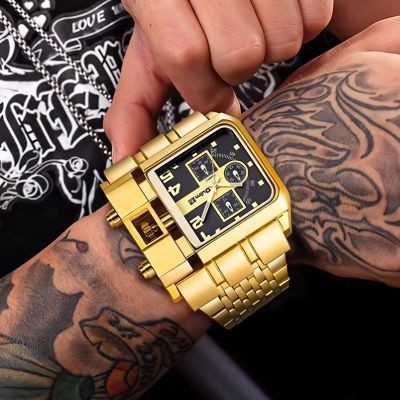 Helloice Reloj rectangular de cuarzo para hombre con esfera grande en dorado