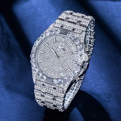 Helloice Reloj con Números Luminosos de Corte Redondo de Diamantes para Hombre en Oro Blanco
