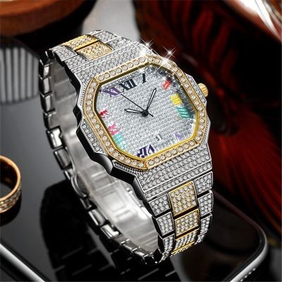 Helloice Reloj para hombre con números romanos cuadrados en dos tonos helados