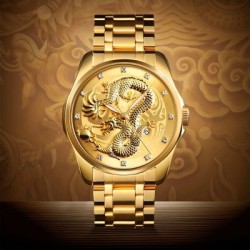 Helloice Reloj calendario para hombre con relieve de dragón dorado