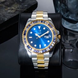 Helloice Reloj para hombre con correa de dos tonos y visualización de fecha con corte baguette