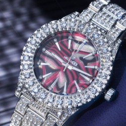 Helloice Reloj para hombre con esfera de concha de mar roja completamente helado en oro blanco