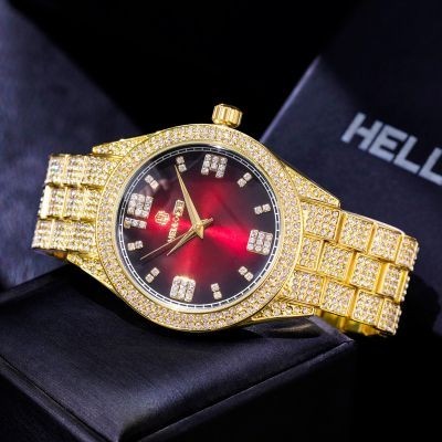 Helloice Reloj de lujo con esfera de números romanos de rubí helado