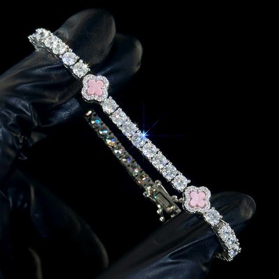 Helloice Pulsera de tenis con trébol de cuatro hojas rosa hielo en oro blanco