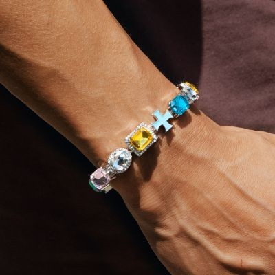 Helloice Brazalete con cruz esmaltada de diamantes multicolores de 10 mm en oro blanco