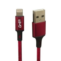 Cable de datos GHIA GAC-193R. Tipo Lightning, longitud de 1 metro, fabricación en nylon, color rojo.