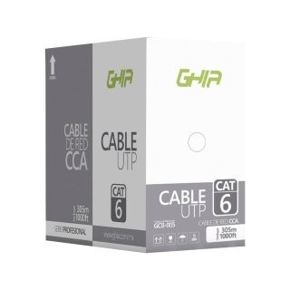 Bobina de cable Ghia GCB-005 . Aluminio revestido de cobre UTP, CAT6, 305 metros. Calibre 23AWG, Color gris.