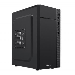 Gabinete Quaroni QCMT-05. Frente de ABS color negro con franja tipo fibra de carbono. Incluye Fuente de poder de 500W