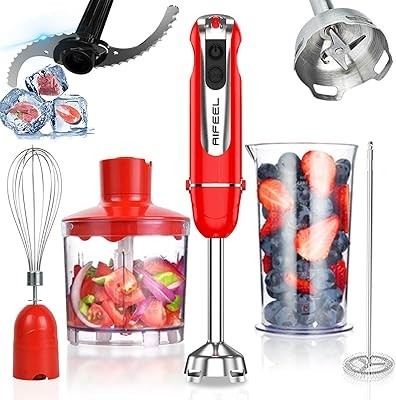 AIFEEL Immersion Hand Blender, 4-in-1 Stick Blenderice blade,with Ice Crusher 500ml Food GrinderChopper, 600ml Container,Milk Fr
