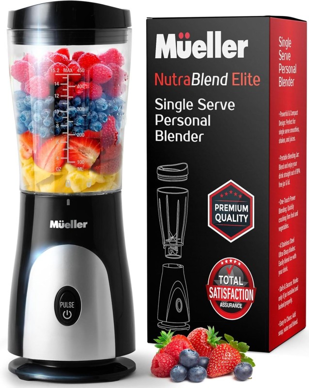 Mueller Personal Blender for Shakes and Smoothies with 15 Oz Travel Cup and Lid, Juices, Baby Food, Heavy-Duty Portable Blender 