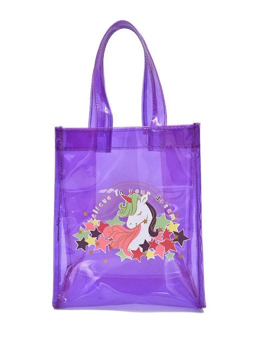 Bolsa transparente para niña morada detalle en print por ambos lados