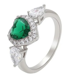 Anillo Compromiso Promesa Corazon Esmeralda Oro 14K Laminado Blanco 7