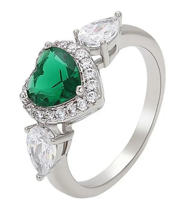 Anillo Compromiso Promesa Corazon Esmeralda Oro 14K Laminado Blanco 7