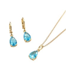 Collar Y Aretes Gota Aquamarina Oro 14k Laminado Dorado