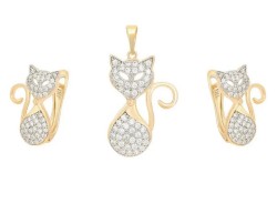 Collar y Aretes Gato Cristales Austriacos Oro 14K Laminado Dorado