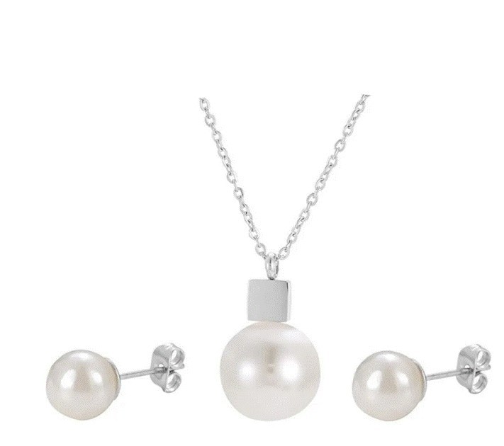 Collar Y Aretes Con Perlas Cultivadas Oro 18k Laminado Blanco
