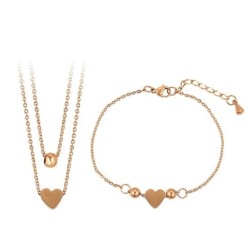 Collar Multicapa Y Pulsera Corazón Oro Laminado 14k Rosa