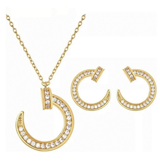 Collar Y Aretes Clavo Cristales Oro 14k Laminado Dorado