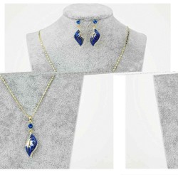 Collar Y Aretes Hoja Cristal Oro 18k Laminado Azul