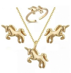 Collar, Aretes Y Anillo Unicornio Oro Laminado Dorado Ajustable