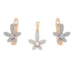 Set Collar Y Aretes Flor Margarita Cristal Oro Laminado