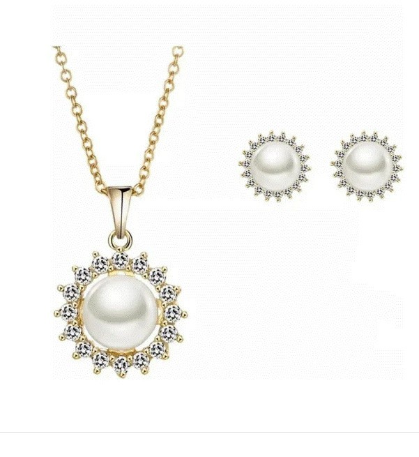 Collar Y Aretes Flor Perlas Rio Cristal Oro 14k Laminado