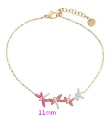 Pulsera Dama Libelulas Rosas y Blancas Cristales Oro 14K Laminado Dorado