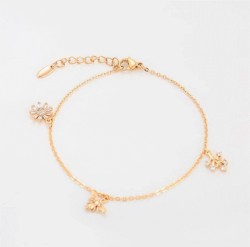 Pulsera Dama Dijes Abeja Flor Hoja Cristales Oro 18K Laminado Dorado