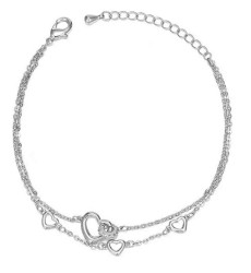 Pulsera Doble Corazones Amor Cristal Oro 14k Laminado Blanco 19 cm