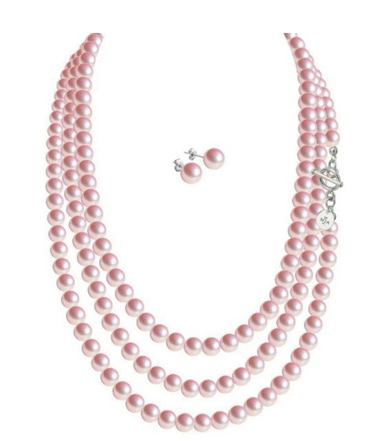 Set Collar Perlas Triple Aretes Zvezda Plata 0.925 Mujer Rosa claro