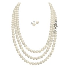 Set Collar Perlas Triple Aretes Zvezda Plata 0.925 Mujer Crema