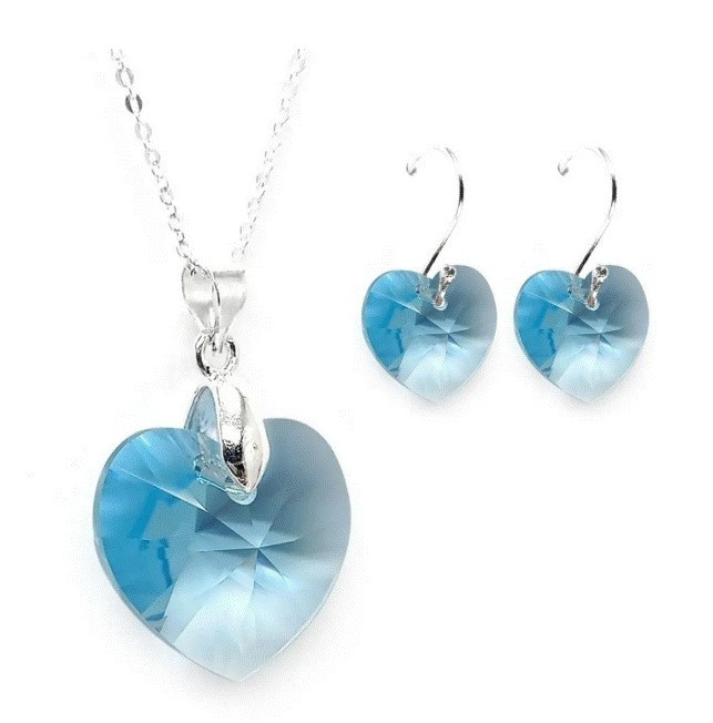 Set Collar Dije Corte Hearl Aretes Zvezda Plata 0.925 Mujer Azul cielo