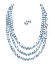 Set Collar Perlas Triple Aretes Zvezda Plata 0.925 Mujer Azul
