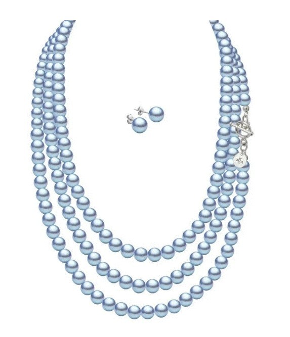 Set Collar Perlas Triple Aretes Zvezda Plata 0.925 Mujer Azul
